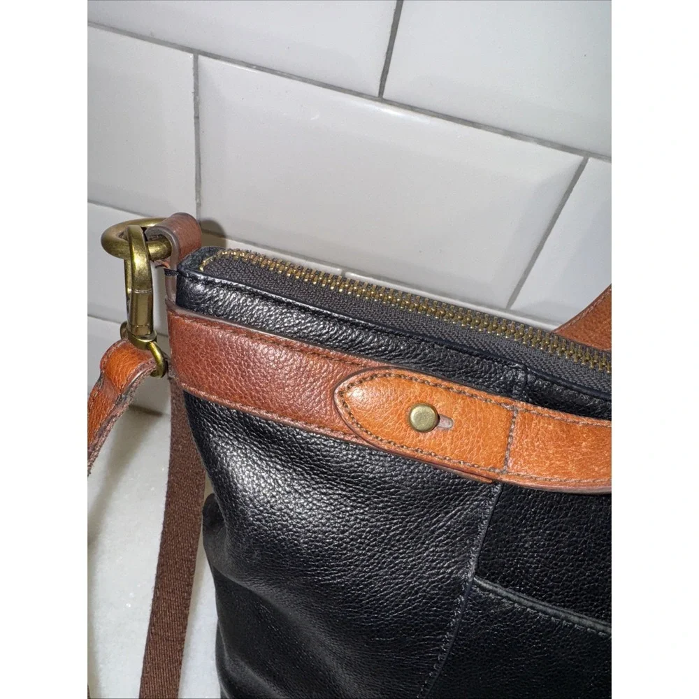 Fossil Sadie Satchel Black Brown Leather Bag Double Handle Crossbody Retail $329